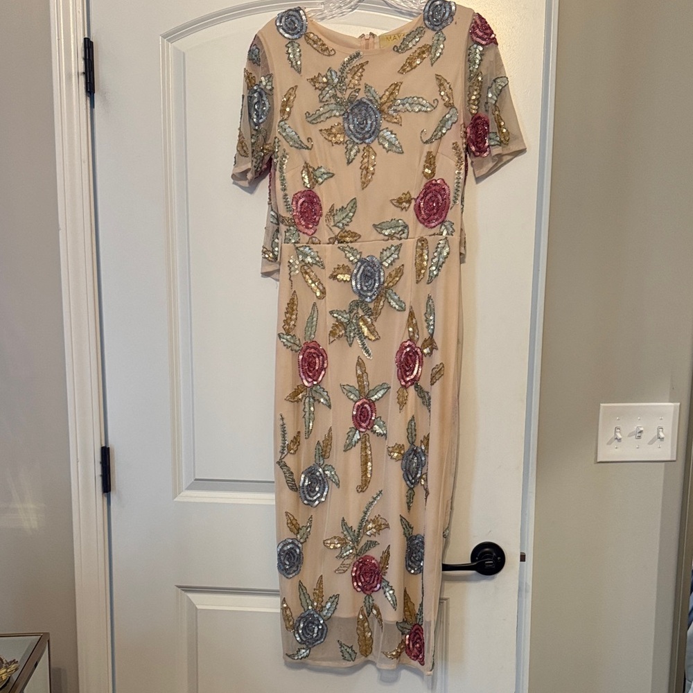 Maya Embellished Midi Dress in Pink, Blue, and Gold